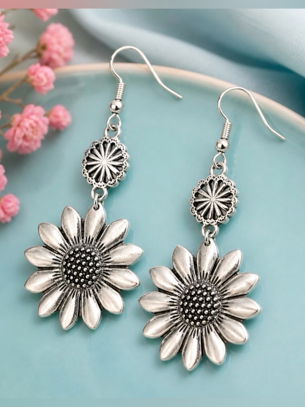 ✨5/$25✨ Bohemian Sunflower Drop Silver Tone Earrings